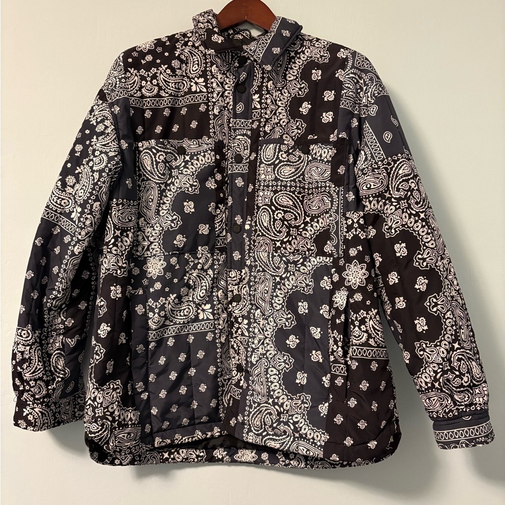 Bershka Black, White, and Navy Paisley All Over Print Patchwork Jacket Medium